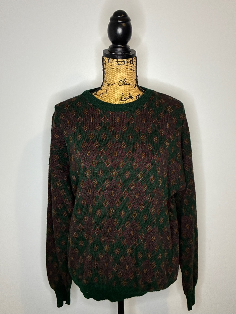 Vintage Sears Roebuck Men’s Green and Brown Diamond-Pattern Sweater
